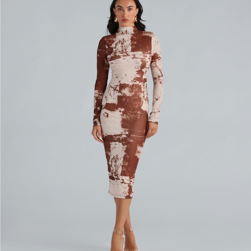 Windsor Abstract Brown and Cream Mock Neck Mesh (w/ slip) Midi Dress